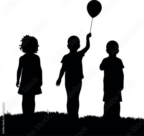 Children Silhouettes Boy Holding Balloon, Girl with Curls, Standing on the Grass