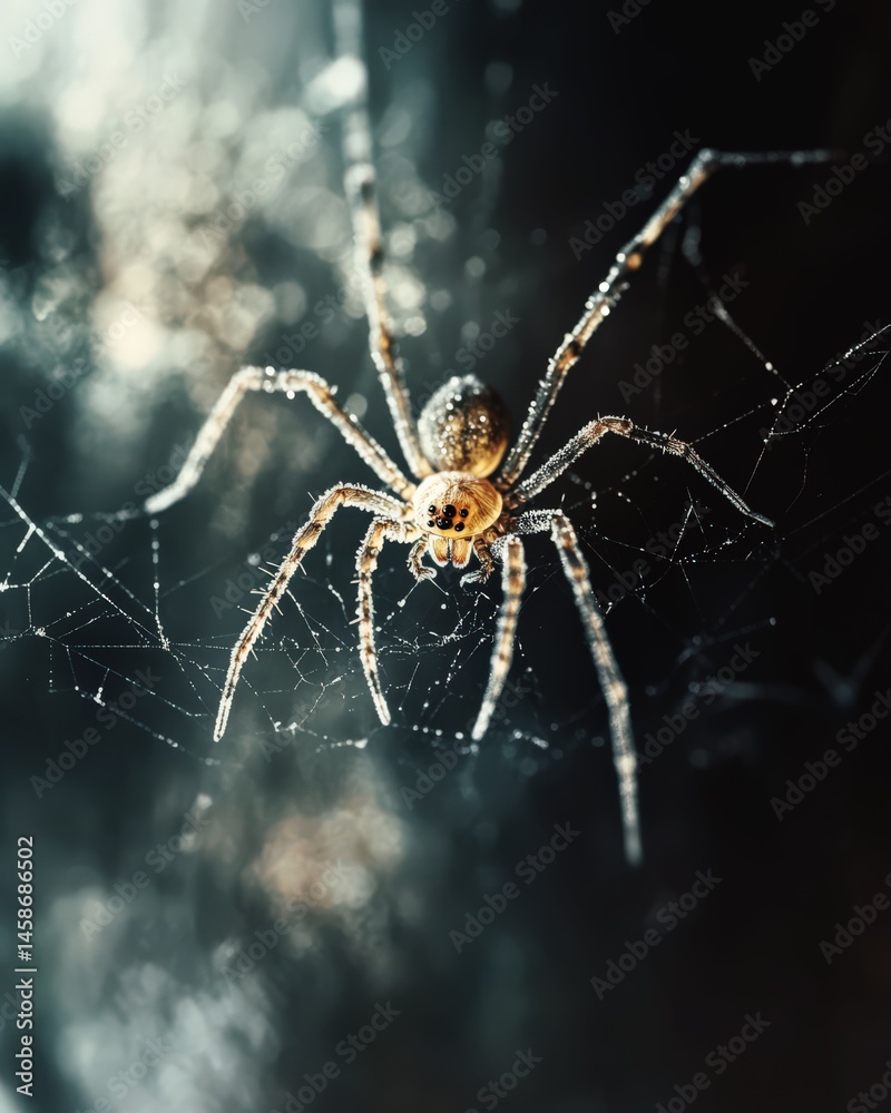 Close-Up of Spider on Web with Dew in Dark Moody Light