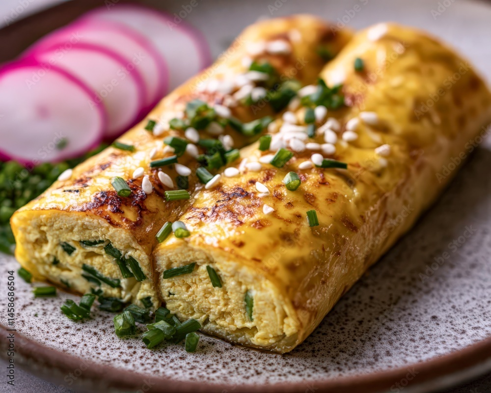 Japanese Tamagoyaki Omelette with Chives and Sesame on Ceramic Plate