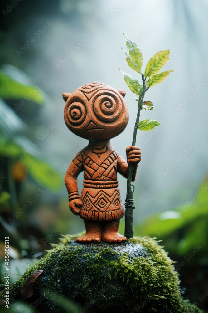 Tribal Clay Figurine Holding Leafy Branch on Mossy Rock in Misty Jungle