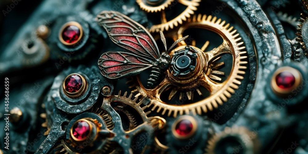Steampunk Clockwork Mechanism with Gears, Ruby Crystals and Butterfly Detail