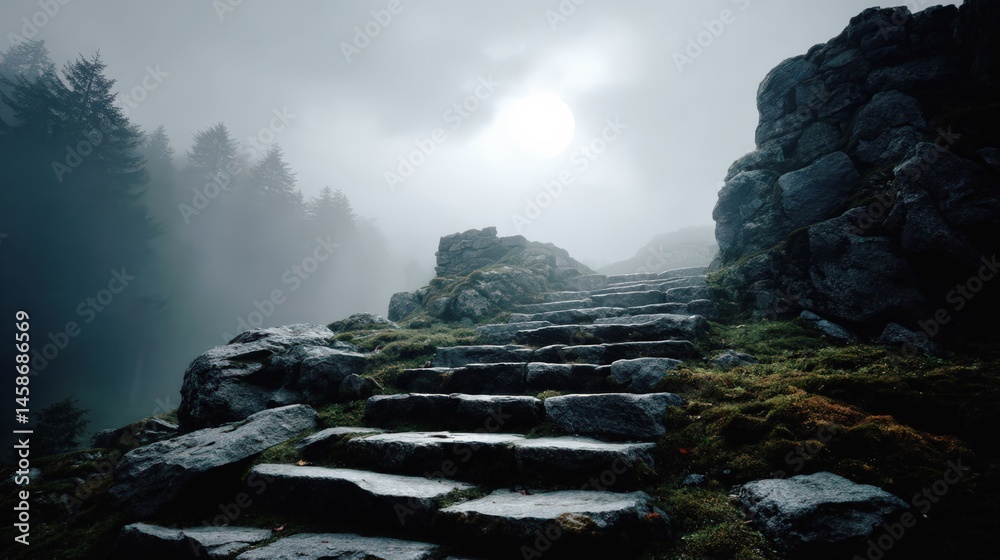 Ancient Stone Steps Leading Through Foggy Mountain Pass Under Pale Light