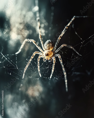 Obraz na płótnie Close-Up of Spider on Web with Dew in Dark Moody Light w salonie