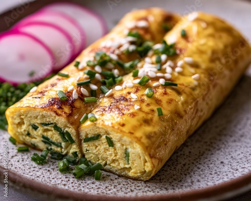 Obraz na płótnie Japanese Tamagoyaki Omelette with Chives and Sesame on Ceramic Plate w salonie