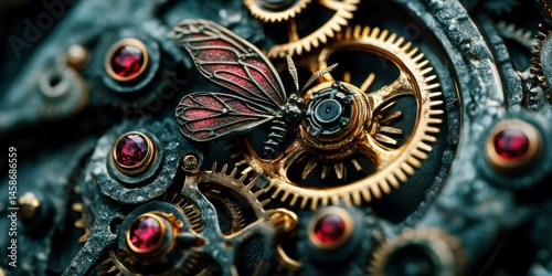 Steampunk Clockwork Mechanism with Gears, Ruby Crystals and Butterfly Detail