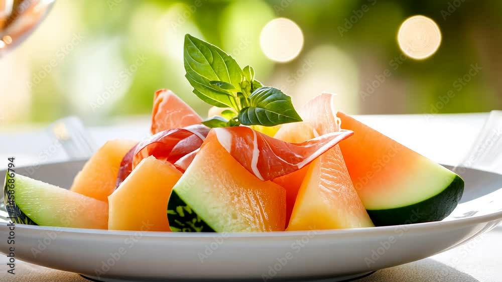 Fresh melon and prosciutto salad with basil on a sunlit table setting. Fresh melon and prosciutto salad with basil on a sunlit table setting.