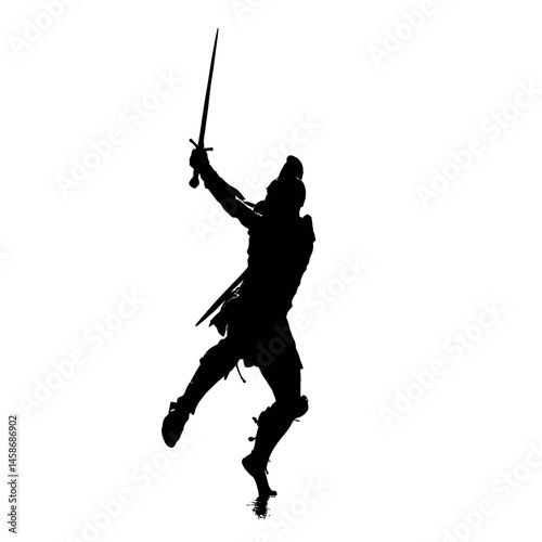 Solid black silhouette of a gladiator fighting, Vector Graphic
