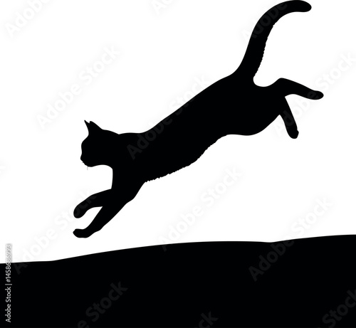 Jumping Cat Silhouette. Domestic Animal Silhouette leaping in Air Above Ground Line