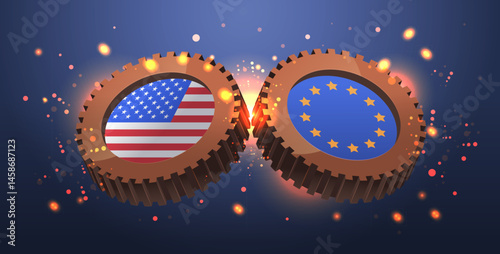 United States European Union trade war tariffs war concept gears clash sparks dark background economic conflict digital banner