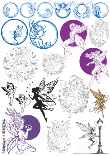 Fairy tale characters and objects collection. Big vector set of fantasy princess, king, queen, witch, knight, unicorn, dragon. Medieval fairytale castle pack. Cartoon magic icons with frog prince