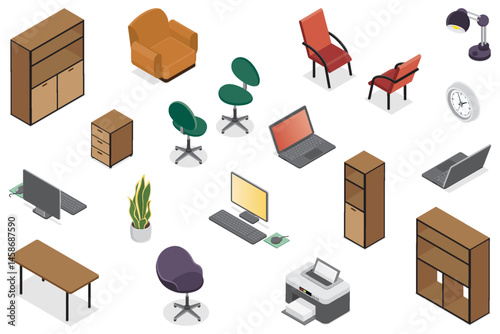 Isometric office elements. Cabinet furniture and work equipments. Gadgets, plant, armchair, desk and different chairs. Isolated vector set.