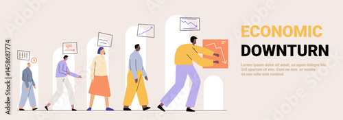 Economic downturn trade war tariffs war concept business people walking downward graphs declining charts financial crisis abstract background banner