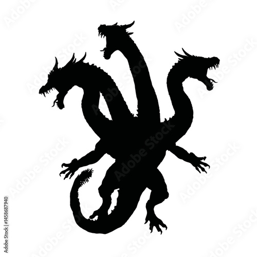 Solid black silhouette of a hydra multi-headed, Vector Graphic