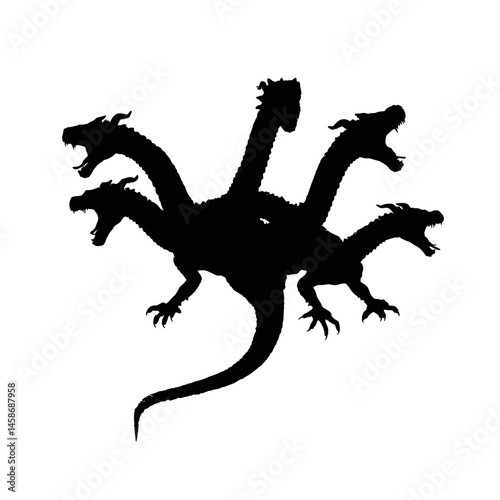 Solid black silhouette of a hydra multi-headed, Vector Graphic
