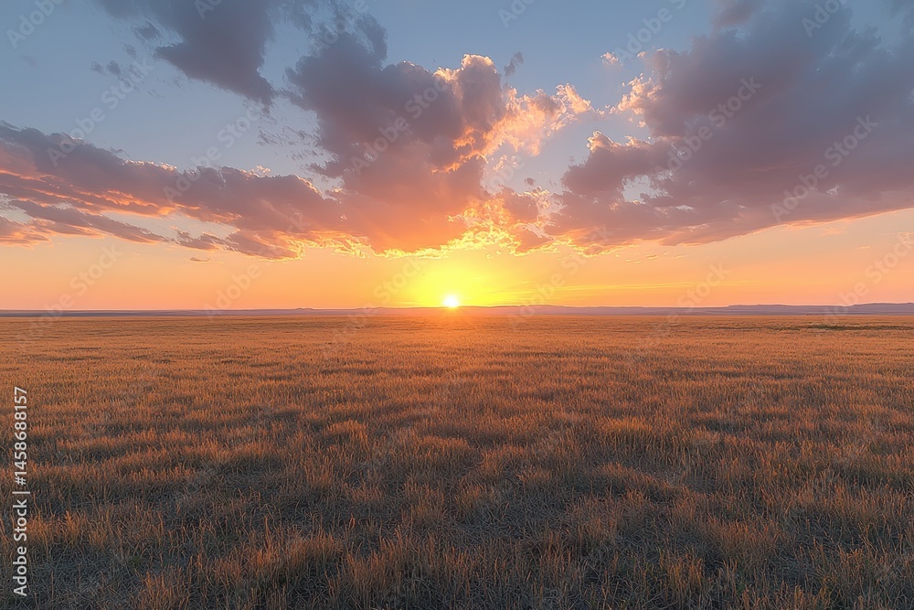 Fototapeta premium Stunning Sunset Over Vast Grassland with Dramatic Clouds and Golden Light in a Serene Natural Landscape