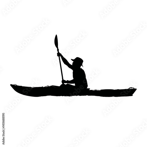 Solid black silhouette of a kayaker paddling, Vector Graphic
