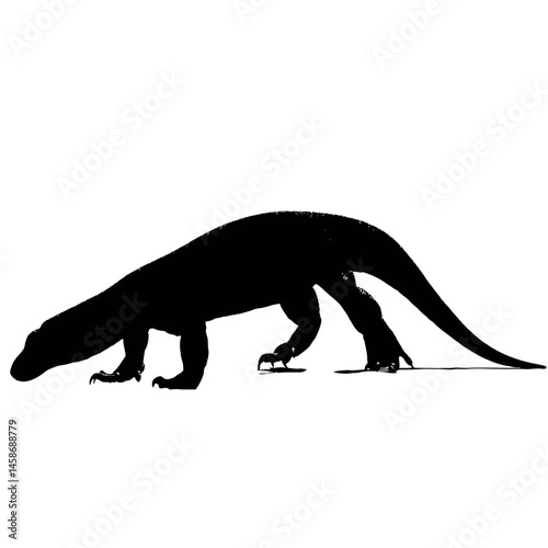Solid black silhouette of a Komodo dragon stalking, Vector Graphic