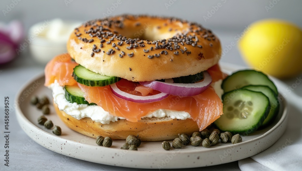 Freshly made bagel sandwich with smoked salmon Freshly made bagel sandwich with smoked salmon