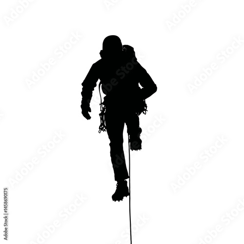 Solid black silhouette of a mountain climber ascending, Vector Graphic