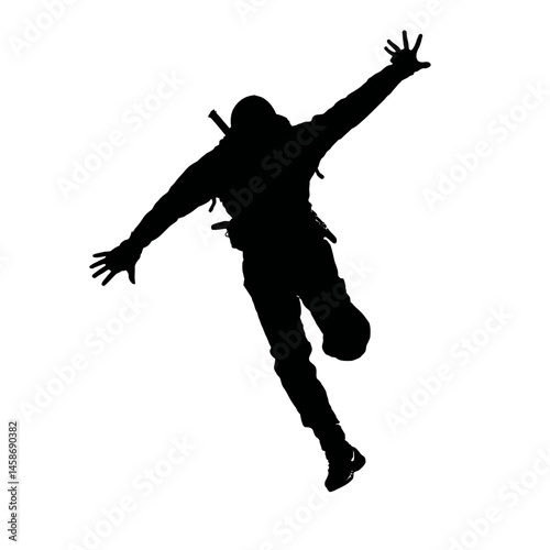 Solid black silhouette of a ninja stealthy, Vector Graphic