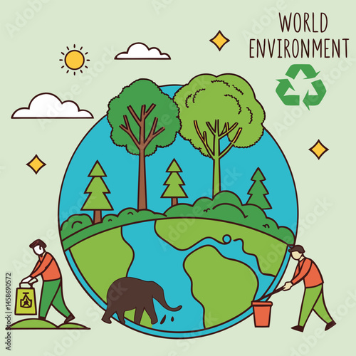 Eco-Friendly Family Planting Trees in Nature Forest Scene