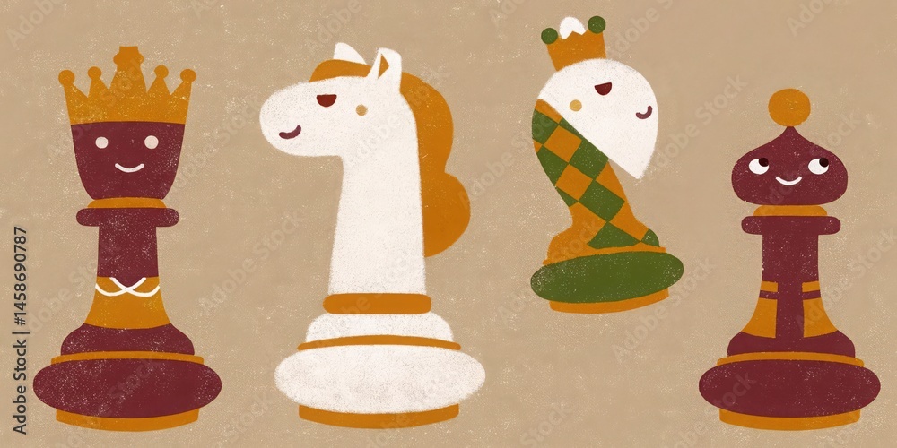 Obraz premium Cute chess pieces cartoon illustration for kids learning and playing chess