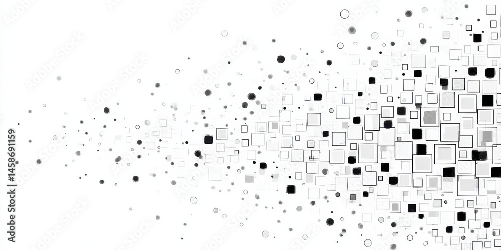 Abstract digital pattern with black and gray squares and circles scattered on white background Abstract digital pattern with black and gray squares and circles scattered on white background