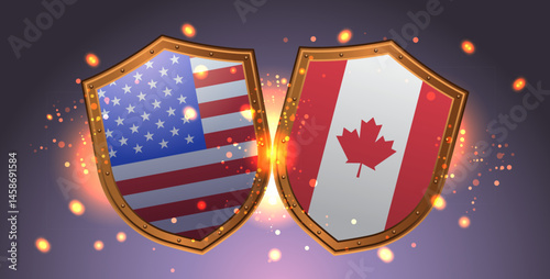 USA Canada trade war shields confrontation sparks glowing clash concept dark background