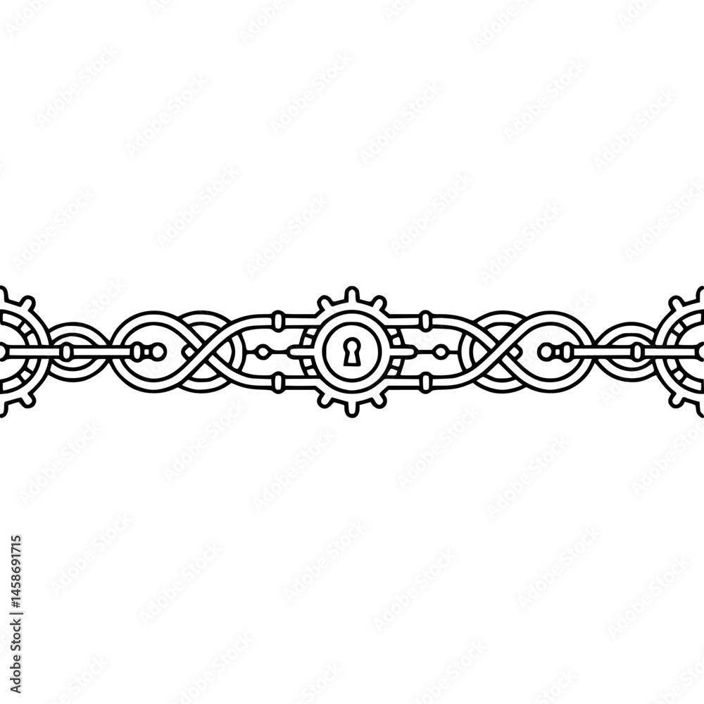 Steampunk Chain Border: Geometric Keyhole and Gears, Line Art Design