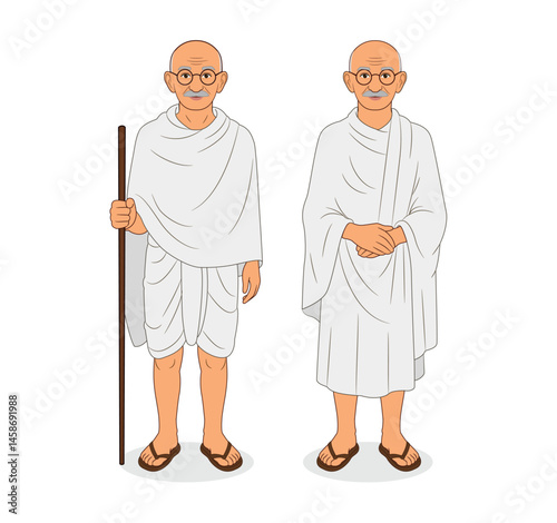 Mahatma Gandhi - Iconic Leader in Traditional Indian Attire - Illustrated Character Design. Mahatma Gandhi Jayanti. Mahatma Gandhi 2D Character. Mahatma Gandhi Cartoon. Mohandas Karam Chand Gandh
