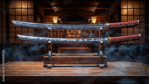 Elegant Display of Twin Katana Swords in Traditional Japanese Dojo Setting