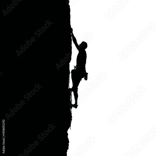 Solid black silhouette of a rock climber ascending, Vector Graphic