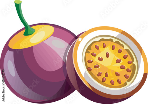 A vibrant, colorful vector art illustration showcasing juicy, ripe passion fruits with lush leaves, capturing their tropical, refreshing essence beautifully