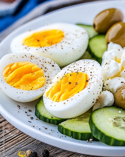 Mediterranean breakfast olives feta cucumbers and boiled eggs a heart healthy meal rich in protein and monounsaturated fats