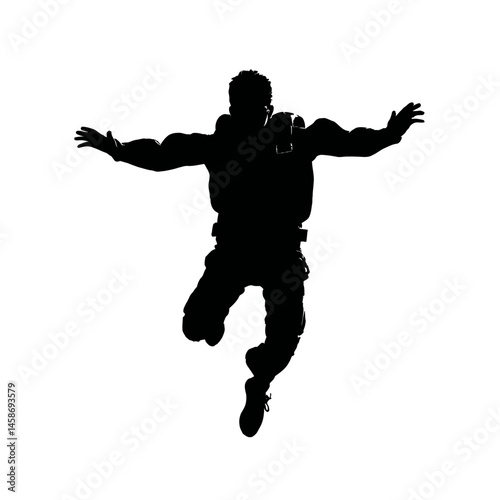 Solid black silhouette of a skydiver freefalling, Vector Graphic