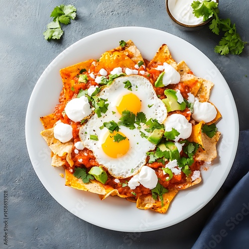 Mexican chilaquiles salsa crema and eggs a traditional breakfast high in fiber and healthy fats great for digestion and brain function