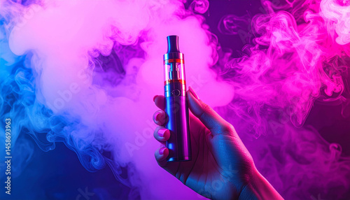 Hand Holding Vaporizer Pen With Pink And Blue Vapor Clouds Against Dark
