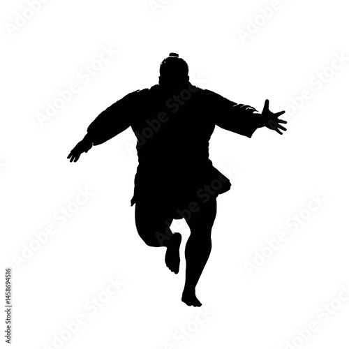Solid black silhouette of a sumo wrestler charging, Vector Graphic