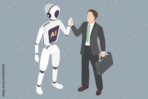 Man high-fiving a robot. Businessman cooperates with artificial intelligence. Vector illustration in isometric style without a face.