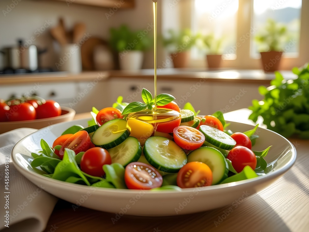 Benessere fisico e mentale con Dieta mediterranea, frutta , verdura, olio di oliva e vita sana