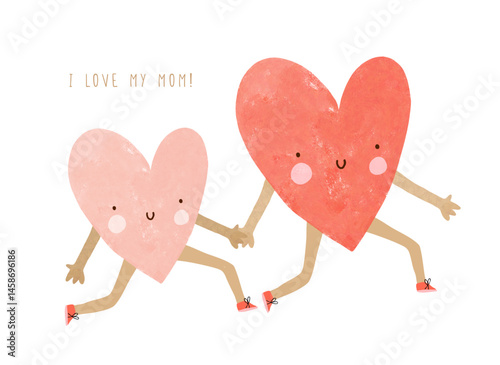 Cute Hand Drawn Mother's Day Vector Card. Pink Baby Heart And Red Mother Heart Running Happily Holding Hands. I Love My Mom. Smiling Hearts On A White Background. Greenting Card For Mother's Day. 