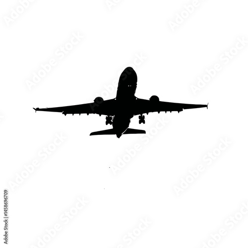 Solid black silhouette of an airplane flying, Vector Graphic