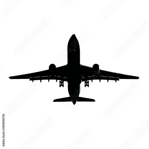 Solid black silhouette of an airplane flying, Vector Graphic