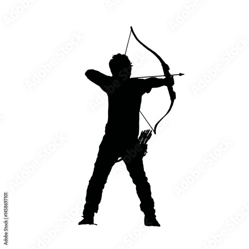 Solid black silhouette of an archer drawing, Vector Graphic