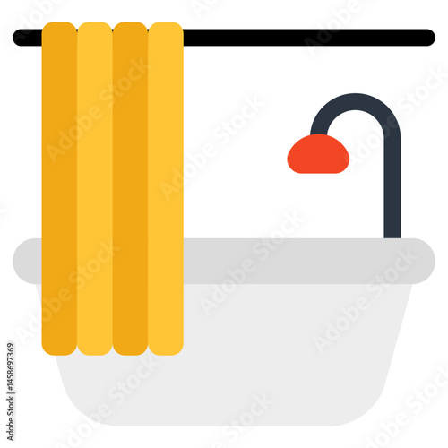 Modern Bathroom Shower Tub with Yellow Curtain Icon Illustration