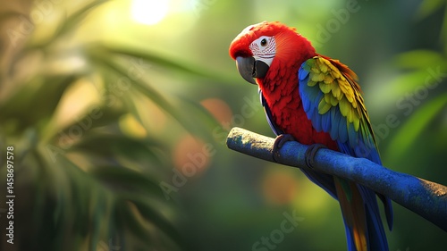 beautiful Scarlet macaw sitting on a branch in the tropical forest