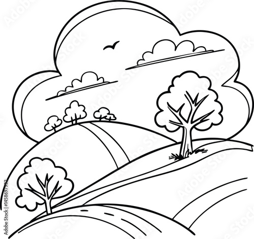 Hand Drawn Landscape With Trees Hills Clouds And Road Coloring Page Vector