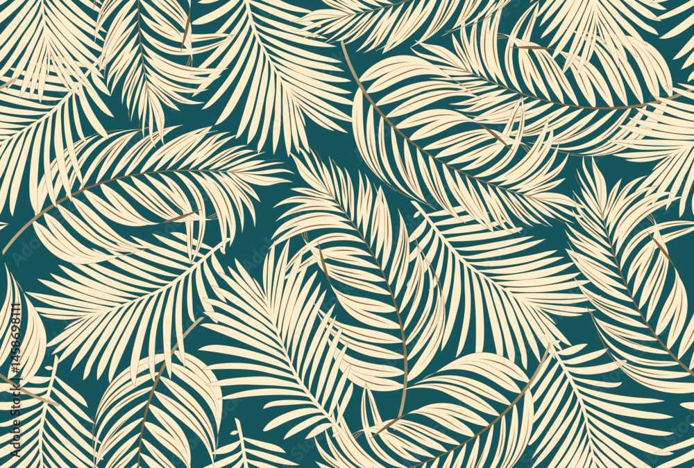Tropical leaves vector background. Natural jungle palm leaves design in beige with outline drawing. Design for fabric, print, cover, banner, decoration, wallpaper.