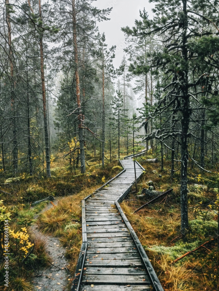 Obraz premium Wooden Pathway Through Misty Forest