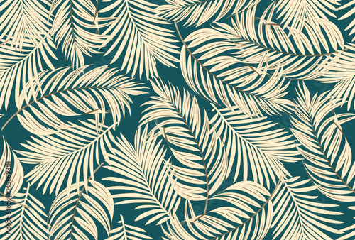 Tropical leaves vector background. Natural jungle palm leaves design in beige with outline drawing. Design for fabric, print, cover, banner, decoration, wallpaper.